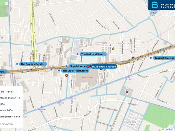 Map of condo projects near BL36 Phasi Charoen station. Nearest projects are The Parkland Phetkasem 56 184 m, Supalai Veranda Phasi Charoen Station 243 m, The LIVIN Phetkasem 339 m, Bangkok Horizon Phetkasem 765 m, The Prodigy Condo MRT Bangkhae 834 m. Visit asanha.com/map for the full map
