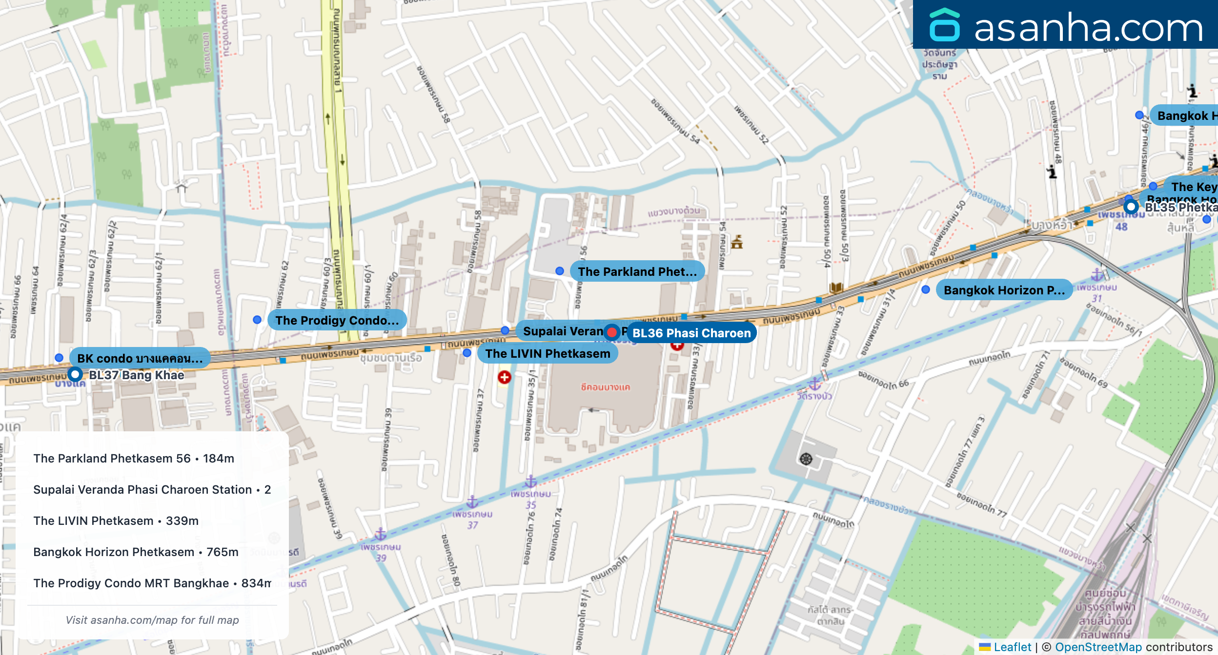 Map of condo projects near BL36 Phasi Charoen station. Nearest projects are The Parkland Phetkasem 56 184 m, Supalai Veranda Phasi Charoen Station 243 m, The LIVIN Phetkasem 339 m, Bangkok Horizon Phetkasem 765 m, The Prodigy Condo MRT Bangkhae 834 m. Visit asanha.com/map for the full map