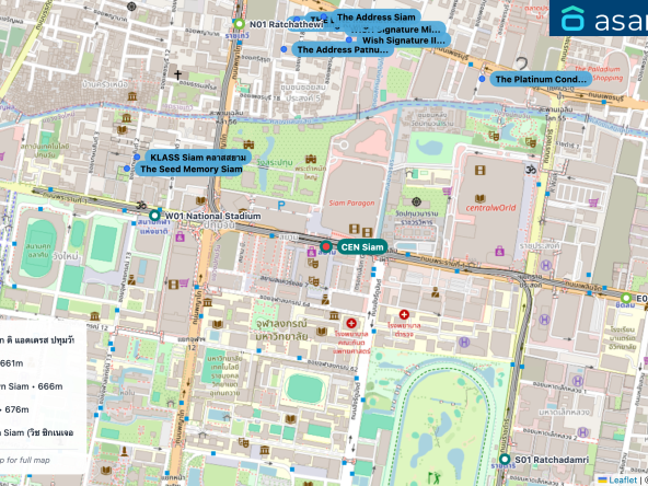 Map of condo projects near CEN Siam station. Nearest projects are The Address Pathum Wan ดิ แอดเดรส ปทุมวัน 643 m, KLASS Siam คลาสสยาม 661 m, Wish Signature II Midtown Siam 666 m, The Seed Memory Siam 676 m, WISH Signature Midtown Siam (วิช ซิกเนเจอร์ มิดทาวน์ สยาม) 697 m. Visit asanha.com/map for the full map