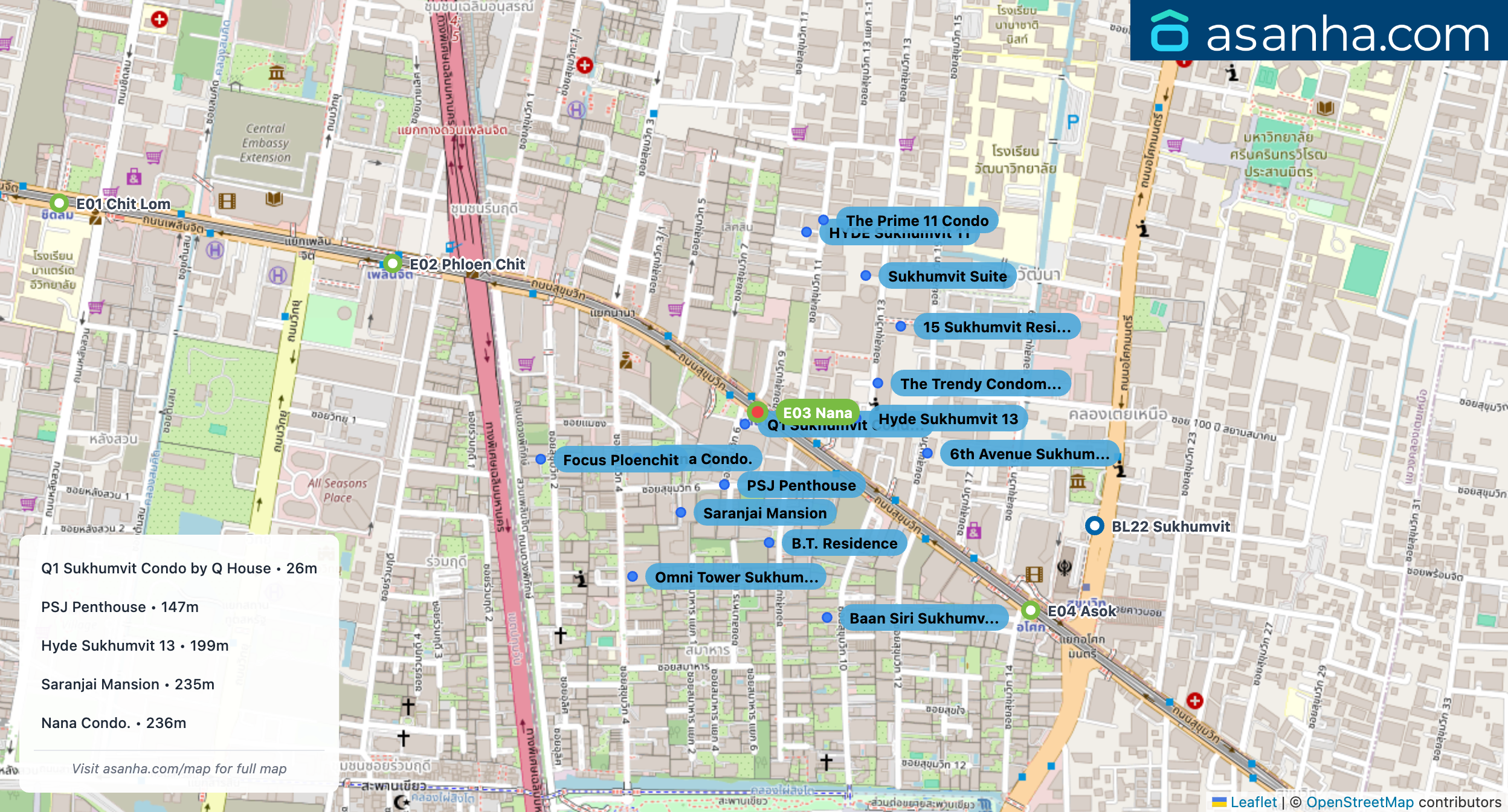 Map of condo projects near E03 Nana station. Nearest projects are Q1 Sukhumvit Condo by Q House 26 m, PSJ Penthouse 147 m, Hyde Sukhumvit 13 199 m, Saranjai Mansion 235 m, Nana Condo. 236 m. Visit asanha.com/map for the full map