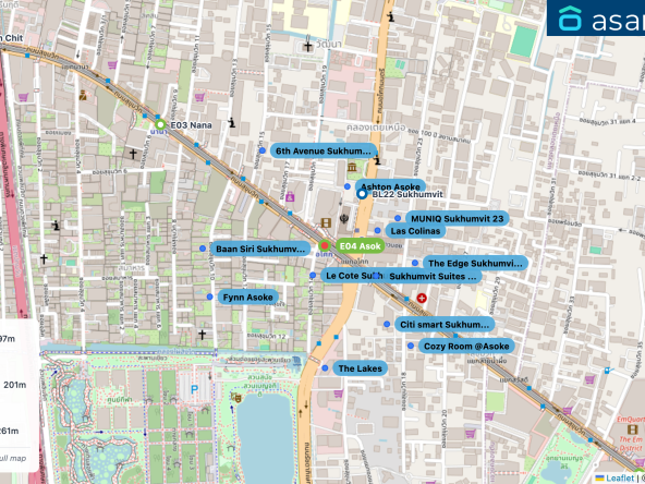 Map of condo projects near E04 Asok station. Nearest projects are Le Cote Sukhumvit 14 97 m, Las Colinas 188 m, Sukhumvit Suites Hotel 201 m, Ashton Asoke 207 m, MUNIQ Sukhumvit 23 261 m. Visit asanha.com/map for the full map