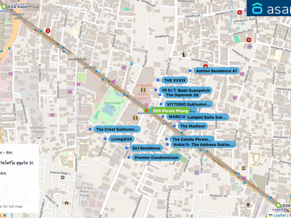 Map of condo projects near E05 Phrom Phong station. Nearest projects are Phrom Phong BTS Station 8 m, VITTORIO Sukhumvit 39 วิตโตริโอ สุขุมวิท 39 124 m, MARQUE Sukhumvit 134 m, The Diplomat 39 156 m, 39 by Sansiri 166 m. Visit asanha.com/map for the full map