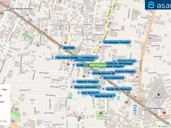 Map of condo projects near E06 Thong Lo station. Nearest projects are THE ESSE Sukhumvit 36 79 m, The Residences 38 110 m, The Strand Thonglor 133 m, Noble Remix 140 m, Keyne by Sansiri 181 m. Visit asanha.com/map for the full map