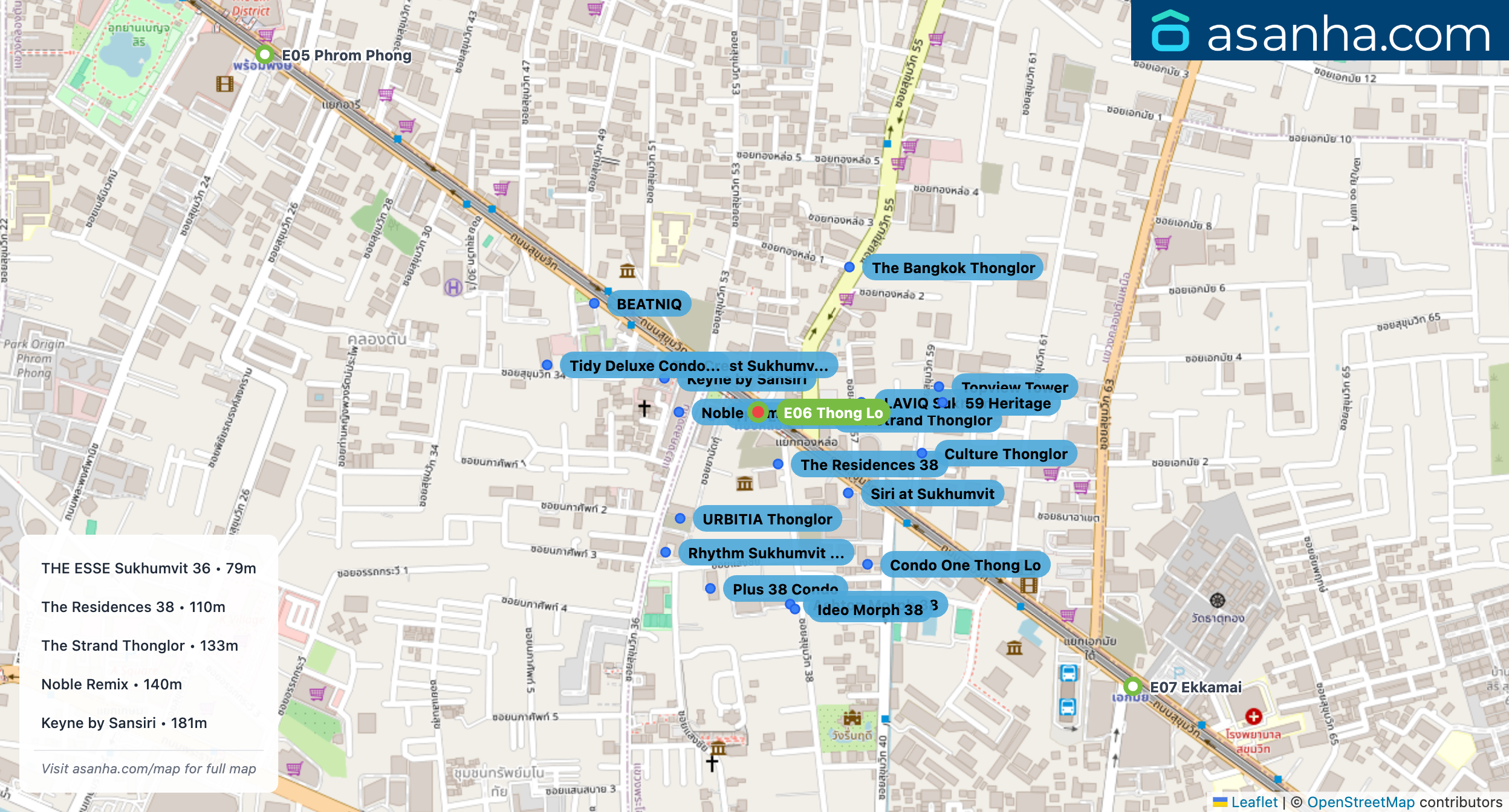 Map of condo projects near E06 Thong Lo station. Nearest projects are THE ESSE Sukhumvit 36 79 m, The Residences 38 110 m, The Strand Thonglor 133 m, Noble Remix 140 m, Keyne by Sansiri 181 m. Visit asanha.com/map for the full map
