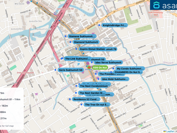 Map of condo projects near E09 On Nut station. Nearest projects are Ideo Verve Sukhumvit 73 m, The President Condo Sukhumvit 81 114 m, Ideo Mobi Sukhumvit 81 182 m, Rhythm Sukhumvit 50 188 m, Q House Sukhumvit 79 217 m. Visit asanha.com/map for the full map