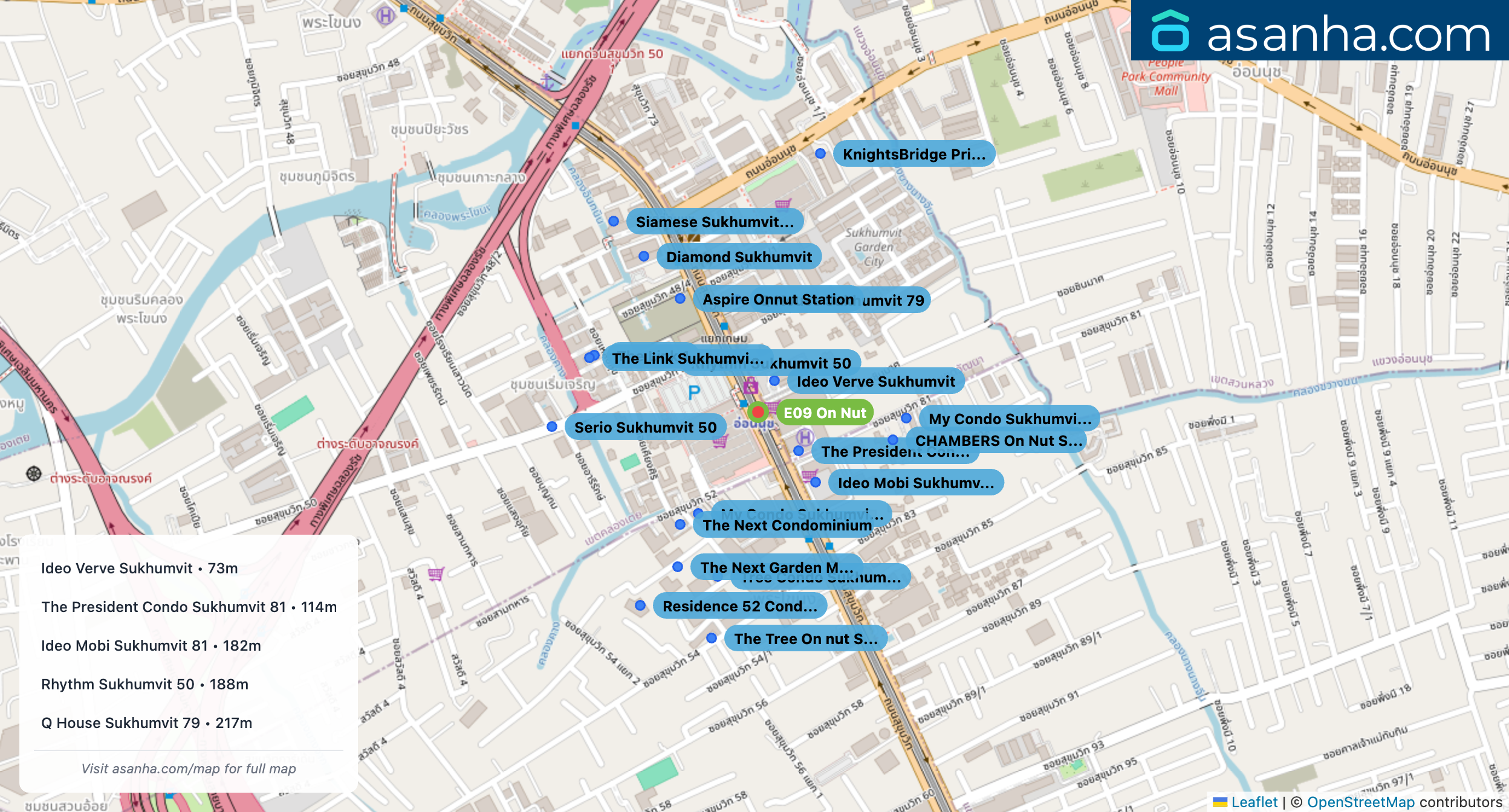 Map of condo projects near E09 On Nut station. Nearest projects are Ideo Verve Sukhumvit 73 m, The President Condo Sukhumvit 81 114 m, Ideo Mobi Sukhumvit 81 182 m, Rhythm Sukhumvit 50 188 m, Q House Sukhumvit 79 217 m. Visit asanha.com/map for the full map