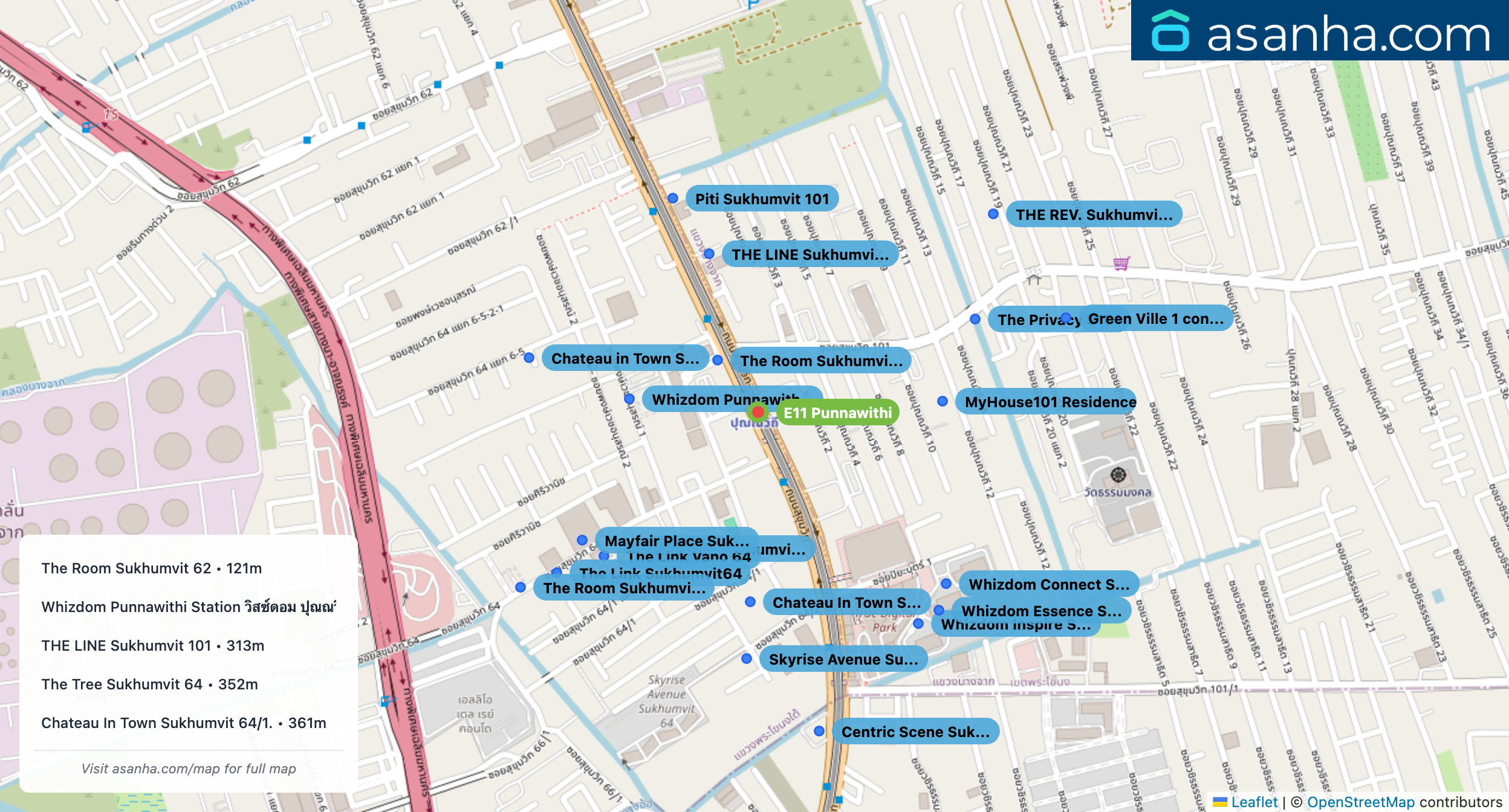 Map of condo projects near E11 Punnawithi station. Nearest projects are The Room Sukhumvit 62 121 m, Whizdom Punnawithi Station วิสซ์ดอม ปุณณวิถี สเตชั่น 238 m, THE LINE Sukhumvit 101 313 m, The Tree Sukhumvit 64 352 m, Chateau In Town Sukhumvit 64/1. 361 m. Visit asanha.com/map for the full map