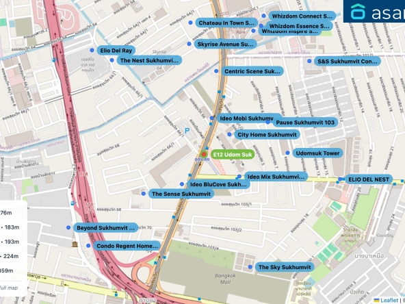 Map of condo projects near E12 Udom Suk station. Nearest projects are City Home Sukhumvit 176 m, Ideo BluCove Sukhumvit 183 m, Ideo Mobi Sukhumvit 66 193 m, Ideo Mix Sukhumvit 103 224 m, The Sense Sukhumvit 359 m. Visit asanha.com/map for the full map