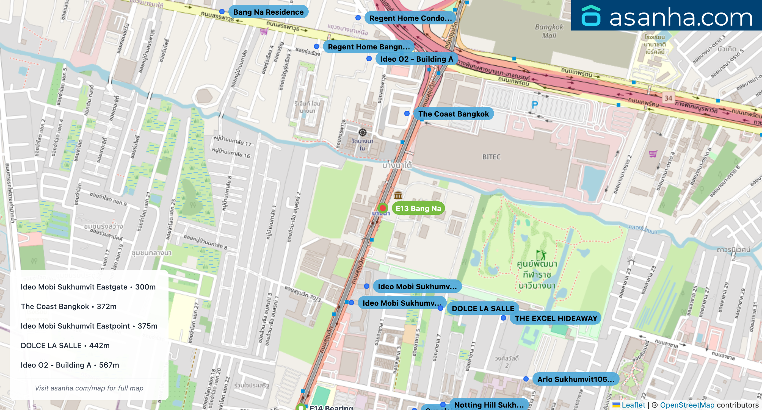 Map of condo projects near E13 Bang Na station. Nearest projects are Ideo Mobi Sukhumvit Eastgate 300 m, The Coast Bangkok 372 m, Ideo Mobi Sukhumvit Eastpoint 375 m, DOLCE LA SALLE 442 m, Ideo O2 - Building A 567 m. Visit asanha.com/map for the full map
