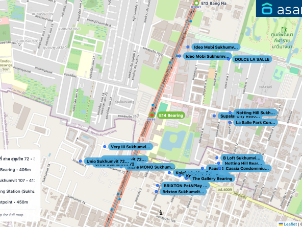 Map of condo projects near E14 Bearing station. Nearest projects are Very III Sukhumvit 72 : เวรี่ สาม สุขุมวิท 72 382 m, Niche MONO Sukhumvit Bearing 406 m, Knightsbridge Collage Sukhumvit 107 413 m, Supalai City Resort Bearing Station (Sukhumvit 105) 440 m, Ideo Mobi Sukhumvit Eastpoint 450 m. Visit asanha.com/map for the full map