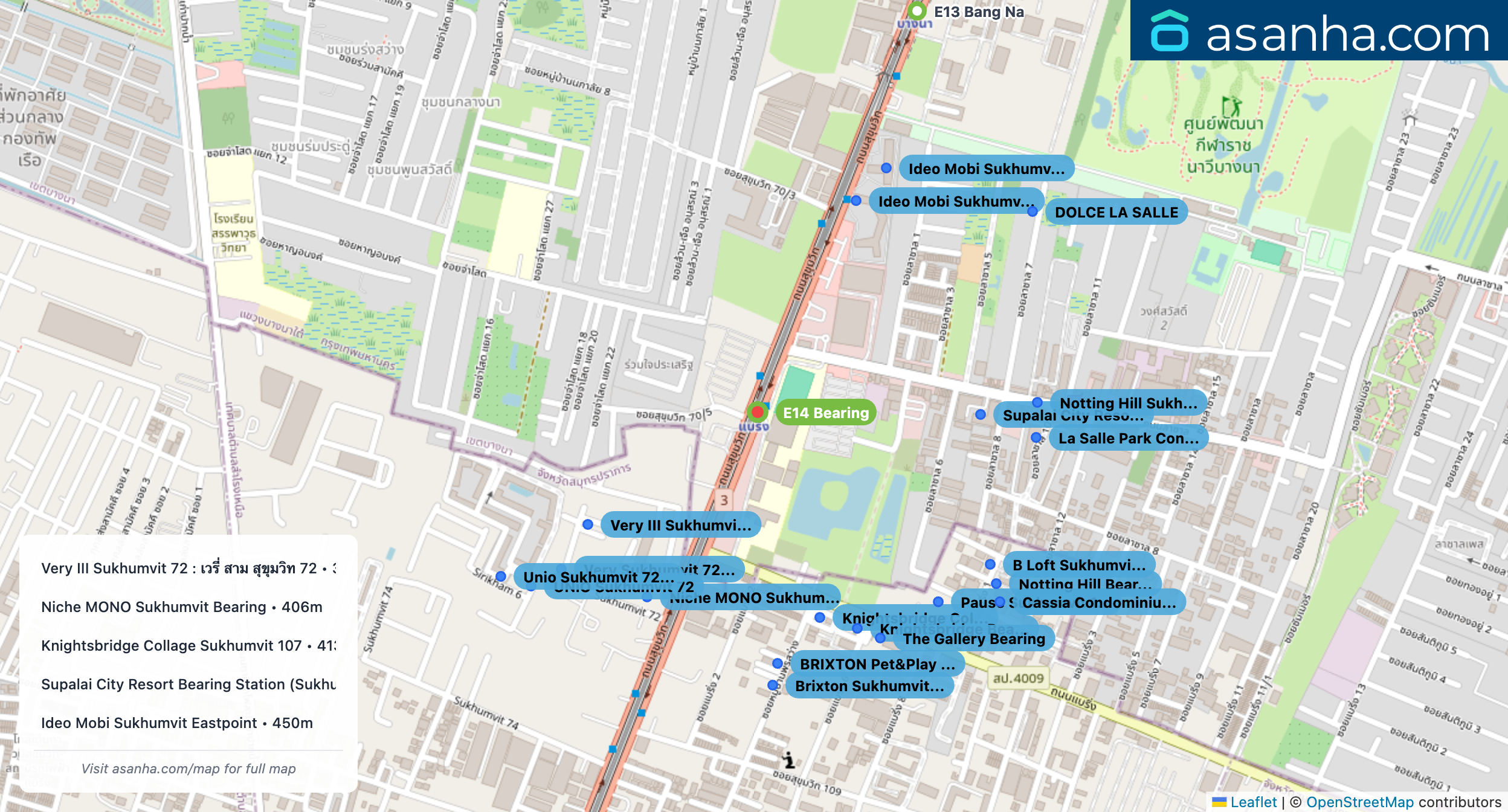 Map of condo projects near E14 Bearing station. Nearest projects are Very III Sukhumvit 72 : เวรี่ สาม สุขุมวิท 72 382 m, Niche MONO Sukhumvit Bearing 406 m, Knightsbridge Collage Sukhumvit 107 413 m, Supalai City Resort Bearing Station (Sukhumvit 105) 440 m, Ideo Mobi Sukhumvit Eastpoint 450 m. Visit asanha.com/map for the full map