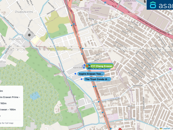 Map of condo projects near E17 Chang Erawan station. Nearest projects are Aspire Erawan Prime 24 m, แอสปาย เอราวัณ ไพร์ม Aspire Erawan Prime 35 m, Aspire Erawan Tower B 160 m, The Trust Condo @BTS Erawan 166 m, Tropicana Condo 928 m. Visit asanha.com/map for the full map