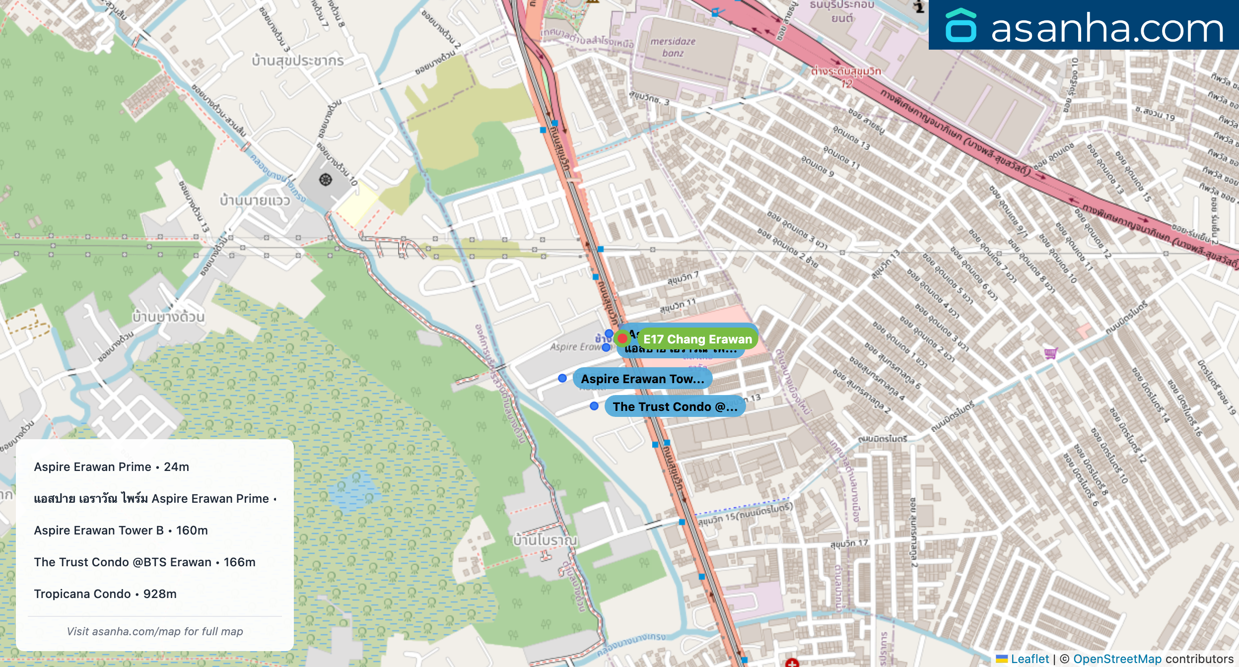Map of condo projects near E17 Chang Erawan station. Nearest projects are Aspire Erawan Prime 24 m, แอสปาย เอราวัณ ไพร์ม Aspire Erawan Prime 35 m, Aspire Erawan Tower B 160 m, The Trust Condo @BTS Erawan 166 m, Tropicana Condo 928 m. Visit asanha.com/map for the full map