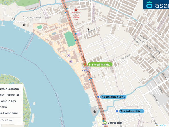 Map of condo projects near E18 Royal Thai Naval Academy station. Nearest projects are Knightsbridge Sky River Ocean Condominium 432 m, The Parkland Lite Sukhumvit - Paknam : เดอะ พาร์คแลนด์ ไลท์ สุขุมวิท - ปากน้ำ 699 m, The Trust Condo @BTS Erawan 1.4 km, Aspire Erawan Tower B 1.5 km, แอสปาย เอราวัณ ไพร์ม Aspire Erawan Prime 1.5 km. Visit asanha.com/map for the full map