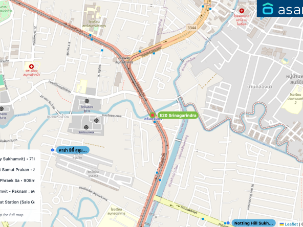Map of condo projects near E20 Srinagarindra station. Nearest projects are คาซ่า ซิตี้ สุขุมวิท (Casa City Sukhumvit) 718 m, The President Sukhumvit Samut Prakan 807 m, Notting Hill Sukhumvit - Phraek Sa 908 m, The Parkland Lite Sukhumvit - Paknam : เดอะ พาร์คแลนด์ ไลท์ สุขุมวิท - ปากน้ำ 1.7 km, Origin Plug & Play Sai Luat Station (Sale Gallery) 1.8 km. Visit asanha.com/map for the full map