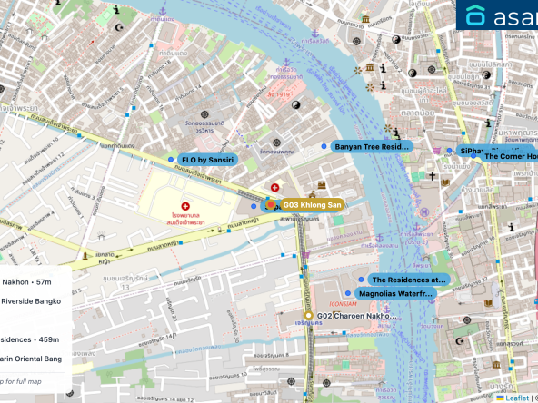 Map of condo projects near G03 Khlong San station. Nearest projects are Supalai Premier Charoen Nakhon 57 m, Banyan Tree Residences Riverside Bangkok บันยัน ทรี เรสซิเดนซ์ ริเวอร์ไซด์ กรุงเทพ 310 m, FLO by Sansiri 413 m, Magnolias Waterfront Residences 459 m, The Residences at Mandarin Oriental Bangkok 460 m. Visit asanha.com/map for the full map