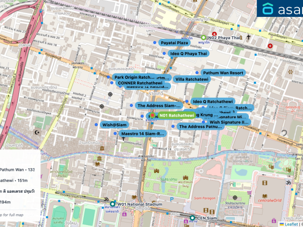 Map of condo projects near N01 Ratchathewi station. Nearest projects are Pyne by Sansiri 61 m, Baan Klang Krung Siam-Pathum Wan 133 m, The Address Siam-Ratchathewi 151 m, The Address Pathum Wan ดิ แอดเดรส ปทุมวัน 169 m, THE LINE Ratchathewi 194 m. Visit asanha.com/map for the full map