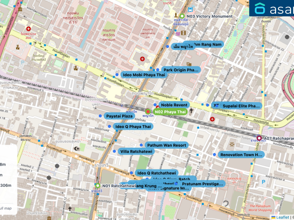 Map of condo projects near N02 Phaya Thai station. Nearest projects are Noble Revent 78 m, Pathum Wan Resort 238 m, Ideo Q Phaya Thai 282 m, Park​ Origin​ Phaya Thai 306 m, Payatai Plaza 329 m. Visit asanha.com/map for the full map