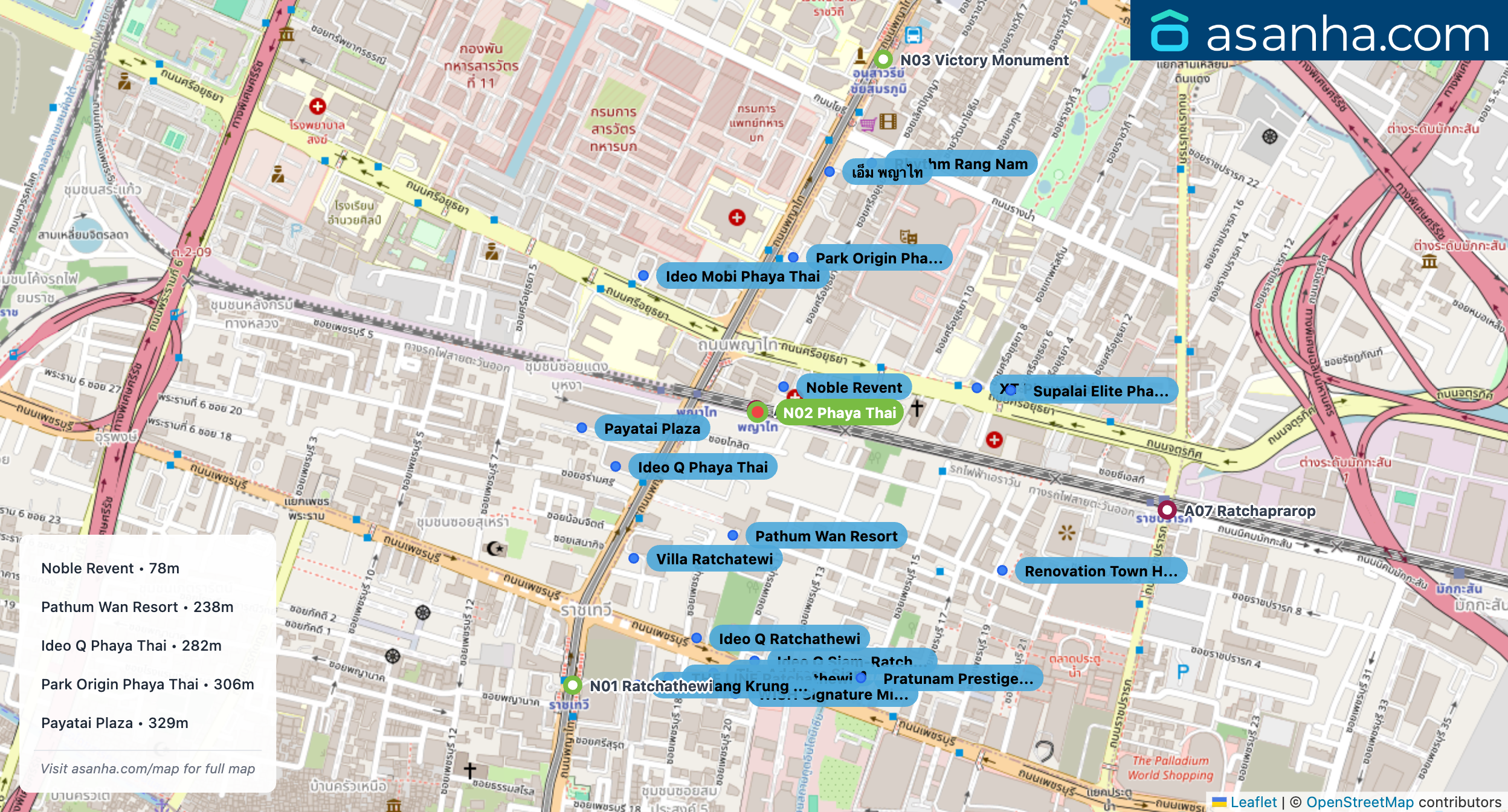 Map of condo projects near N02 Phaya Thai station. Nearest projects are Noble Revent 78 m, Pathum Wan Resort 238 m, Ideo Q Phaya Thai 282 m, Park​ Origin​ Phaya Thai 306 m, Payatai Plaza 329 m. Visit asanha.com/map for the full map