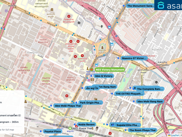 Map of condo projects near N03 Victory Monument station. Nearest projects are Ideo Q Victory 73 m, Rhythm Rang Nam 195 m, เอ็ม พญาไท 230 m, Maestro 07 Victory monument มาเอสโตร 07 อนุสาวรีย์ชัยฯ 341 m, THE EXTRO Phayathai-Rangnam 365 m. Visit asanha.com/map for the full map