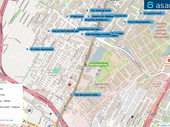 Map of condo projects near N04 Sanam Pao station. Nearest projects are Siamese Ratchakru 365 m, Villa Rachakru Condo 371 m, The Monument Sanampao 403 m, Apartmen rent near BTS.Ari short - long term. 448 m, The Tempo 470 m. Visit asanha.com/map for the full map
