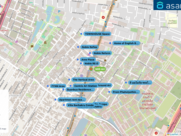Map of condo projects near N05 Ari station. Nearest projects are Noble RE:D 126 m, Aree Place 180 m, Noble Reform 183 m, Noble Around Ari 189 m, The Vertical Aree 271 m. Visit asanha.com/map for the full map