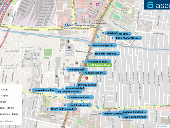 Map of condo projects near N06 Saphan Khwai station. Nearest projects are The Editor Saphan Khwai 47 m, The Signature by Urbano 114 m, Ideo-Mix Phaholyothin 160 m, Ideo Phaholyothin Chatuchak 243 m, เวลาดี เรสซิเดนซ์ Vela de Residence 257 m. Visit asanha.com/map for the full map