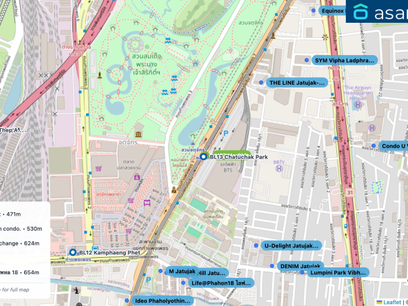 Map of condo projects near N07 Mo Chit station. Nearest projects are THE LINE Jatujak-Mochit 471 m, U-Delight Jatujak Station condo. 530 m, Notting Hill Jatujak Interchange 624 m, M Jatujak 626 m, Life@Phahon18 ไลฟ์ แอท พหล 18 654 m. Visit asanha.com/map for the full map