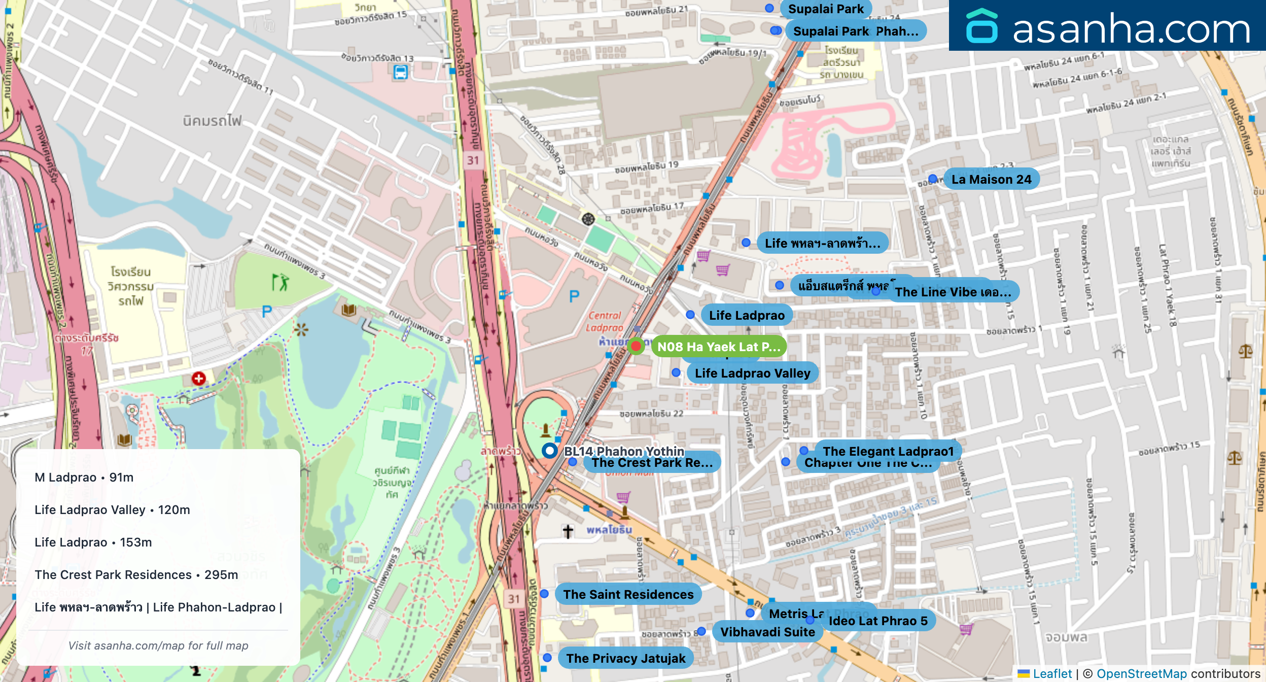 Map of condo projects near N08 Ha Yaek Lat Phrao station. Nearest projects are M Ladprao 91 m, Life Ladprao Valley 120 m, Life Ladprao 153 m, The Crest Park Residences 295 m, Life พหลฯ-ลาดพร้าว | Life Phahon-Ladprao | First Class Living in The Heart of Ladprao 352 m. Visit asanha.com/map for the full map