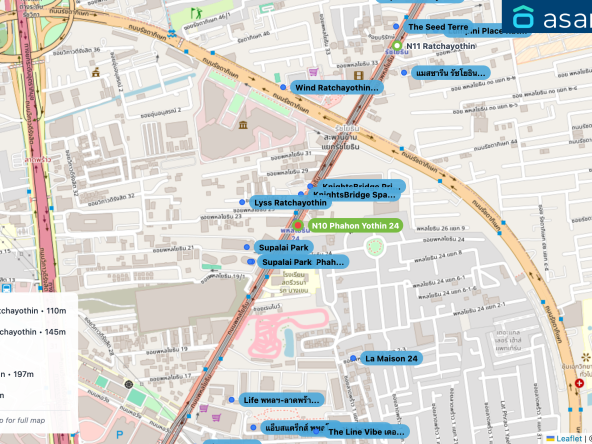 Map of condo projects near N10 Phahon Yothin 24 station. Nearest projects are KnightsBridge Space Ratchayothin 110 m, KnightsBridge Prime Ratchayothin 145 m, Supalai Park 185 m, Supalai Park Phaholyothin 197 m, Lyss Ratchayothin 201 m. Visit asanha.com/map for the full map