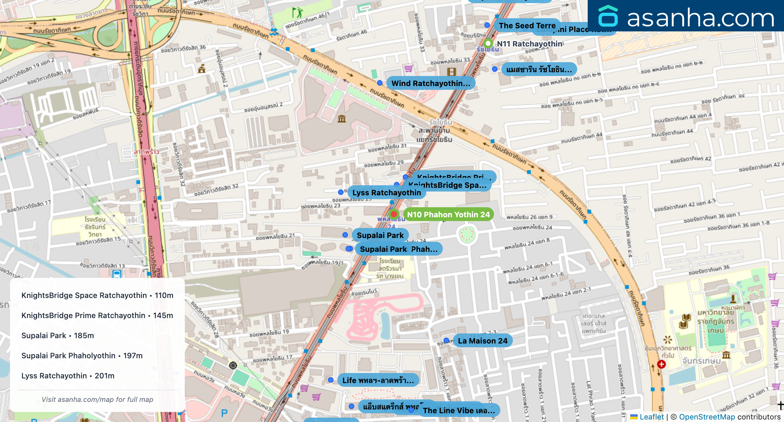 Map of condo projects near N10 Phahon Yothin 24 station. Nearest projects are KnightsBridge Space Ratchayothin 110 m, KnightsBridge Prime Ratchayothin 145 m, Supalai Park 185 m, Supalai Park Phaholyothin 197 m, Lyss Ratchayothin 201 m. Visit asanha.com/map for the full map