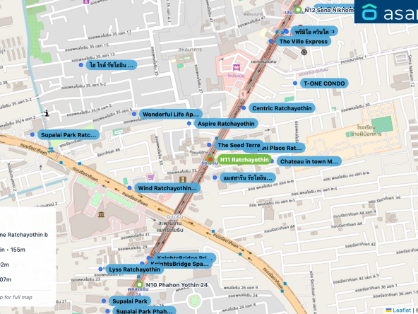 Map of condo projects near N11 Ratchayothin station. Nearest projects are The Seed Terre 71 m, แมสซารีน รัชโยธิน | Mazarine Ratchayothin by Grand Unity 96 m, Lumpini Place Ratchayotin 155 m, Aspire Ratchayothin 202 m, Centric Ratchayothin 307 m. Visit asanha.com/map for the full map