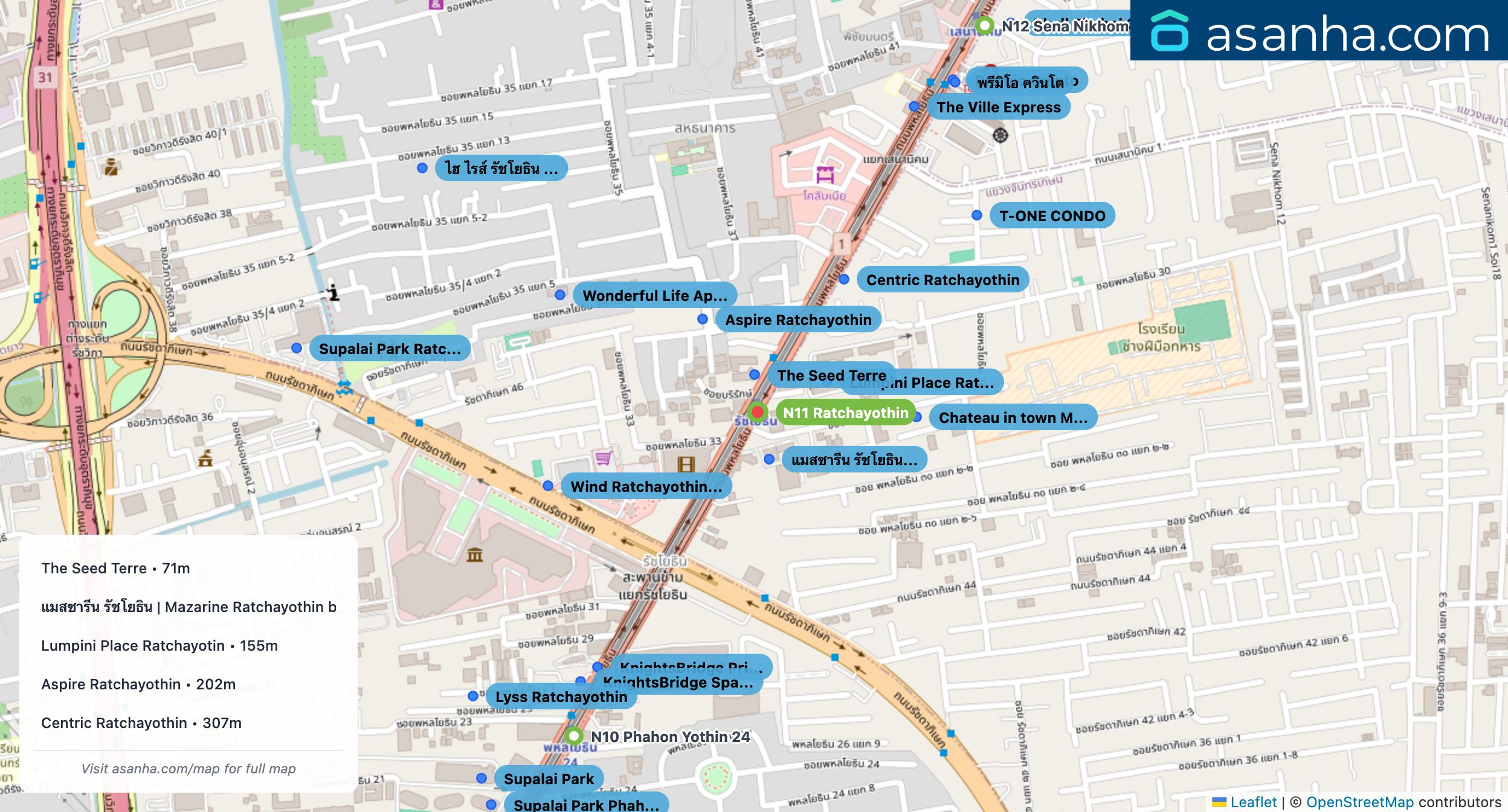 Map of condo projects near N11 Ratchayothin station. Nearest projects are The Seed Terre 71 m, แมสซารีน รัชโยธิน | Mazarine Ratchayothin by Grand Unity 96 m, Lumpini Place Ratchayotin 155 m, Aspire Ratchayothin 202 m, Centric Ratchayothin 307 m. Visit asanha.com/map for the full map