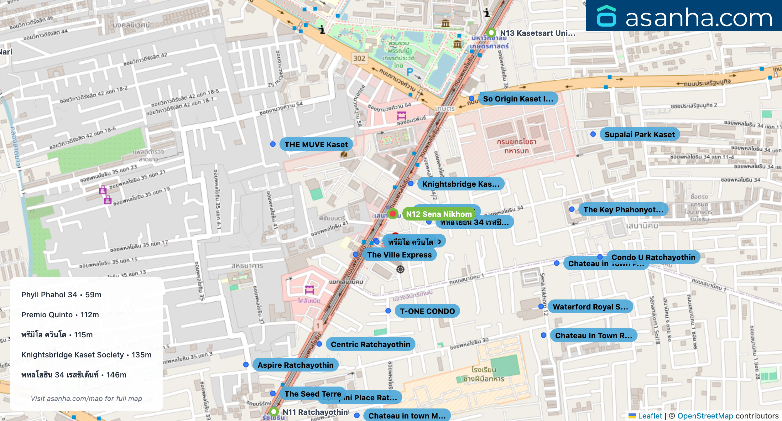 Map of condo projects near N12 Sena Nikhom station. Nearest projects are Phyll Phahol 34 59 m, Premio Quinto 112 m, พรีมิโอ ควินโต 115 m, Knightsbridge Kaset Society 135 m, พหลโยธิน 34 เรสซิเด้นท์ 146 m. Visit asanha.com/map for the full map