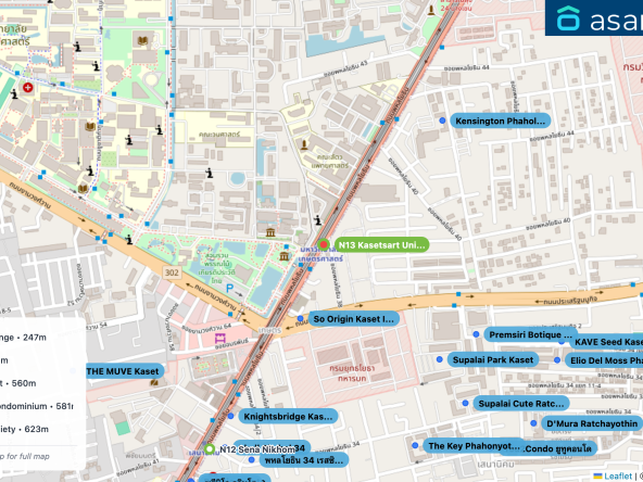 Map of condo projects near N13 Kasetsart University station. Nearest projects are So Origin Kaset Interchange 247 m, Supalai Park Kaset 533 m, Kensington Phahol-Kaset 560 m, Premsiri Botique Park Condominium 581 m, Knightsbridge Kaset Society 623 m. Visit asanha.com/map for the full map