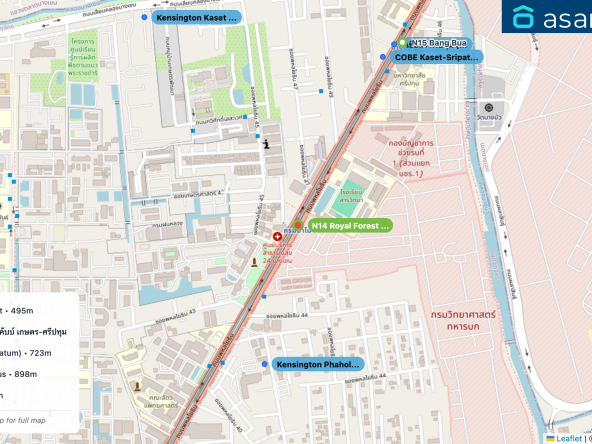 Map of condo projects near N14 Royal Forest Department station. Nearest projects are Kensington Phahol-Kaset 495 m, COBE Kaset-Sripatum (โค้บบ์ เกษตร-ศรีปทุม) 664 m, เซียล่า ศรีปทุม (CIELA Sripatum) 723 m, Kensington Kaset Campus 898 m, Metro Luxe Kaset 1.2 km. Visit asanha.com/map for the full map