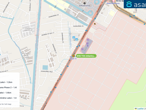 Map of condo projects near N16 11th Infantry Regiment station. Nearest projects are Regent Home 18 1.1 km, Lumpini Place Ramintra-Laksi 1.2 km, Plum Condo Chaengwattana Phase 2 1.4 km, Lumpini Ville Ramintra-Laksi 1.4 km, Lumpini Condo Town Ramindra-Laksi 1.4 km. Visit asanha.com/map for the full map