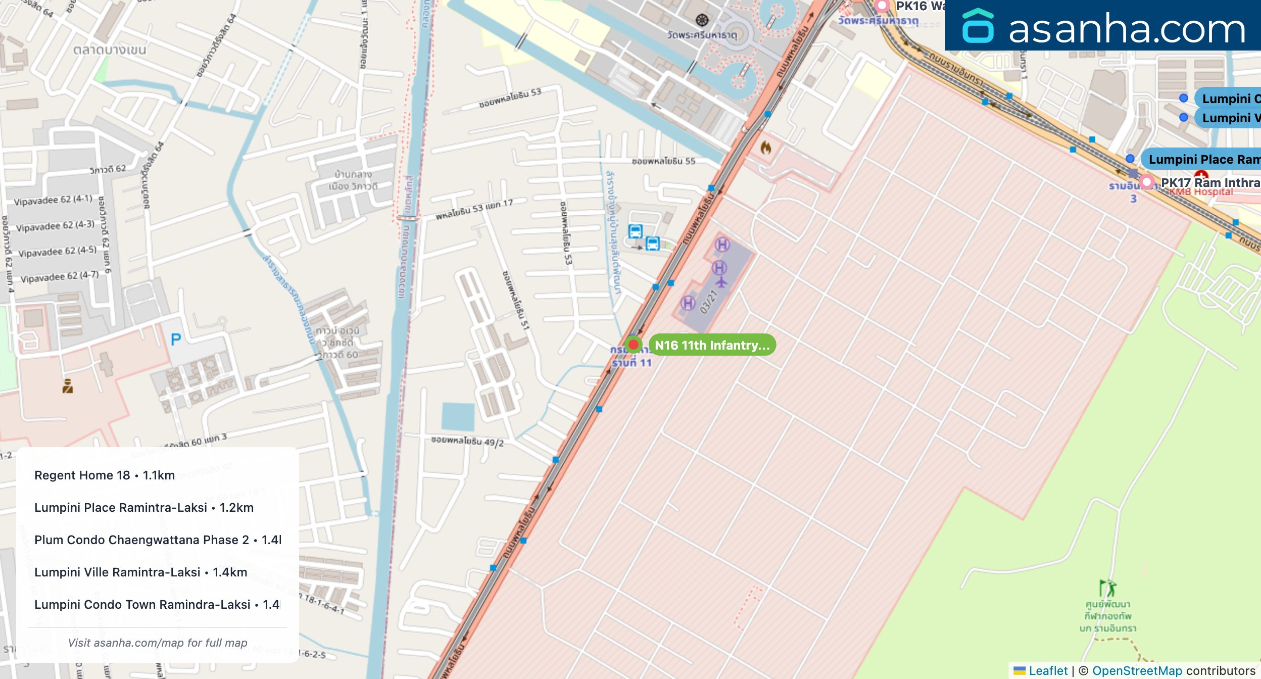 Map of condo projects near N16 11th Infantry Regiment station. Nearest projects are Regent Home 18 1.1 km, Lumpini Place Ramintra-Laksi 1.2 km, Plum Condo Chaengwattana Phase 2 1.4 km, Lumpini Ville Ramintra-Laksi 1.4 km, Lumpini Condo Town Ramindra-Laksi 1.4 km. Visit asanha.com/map for the full map