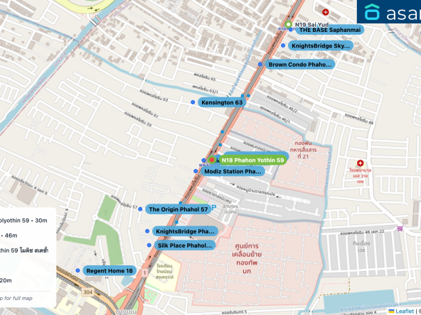 Map of condo projects near N18 Phahon Yothin 59 station. Nearest projects are Rich Park Terminal Phaholyothin 59 30 m, Fon Thong Niwet Village 46 m, Modiz Station Phahonyothin 59 โมดิช สเตชั่น พหลโยธิน 59 89 m, Kensington 63 296 m, The Origin Phahol 57 420 m. Visit asanha.com/map for the full map