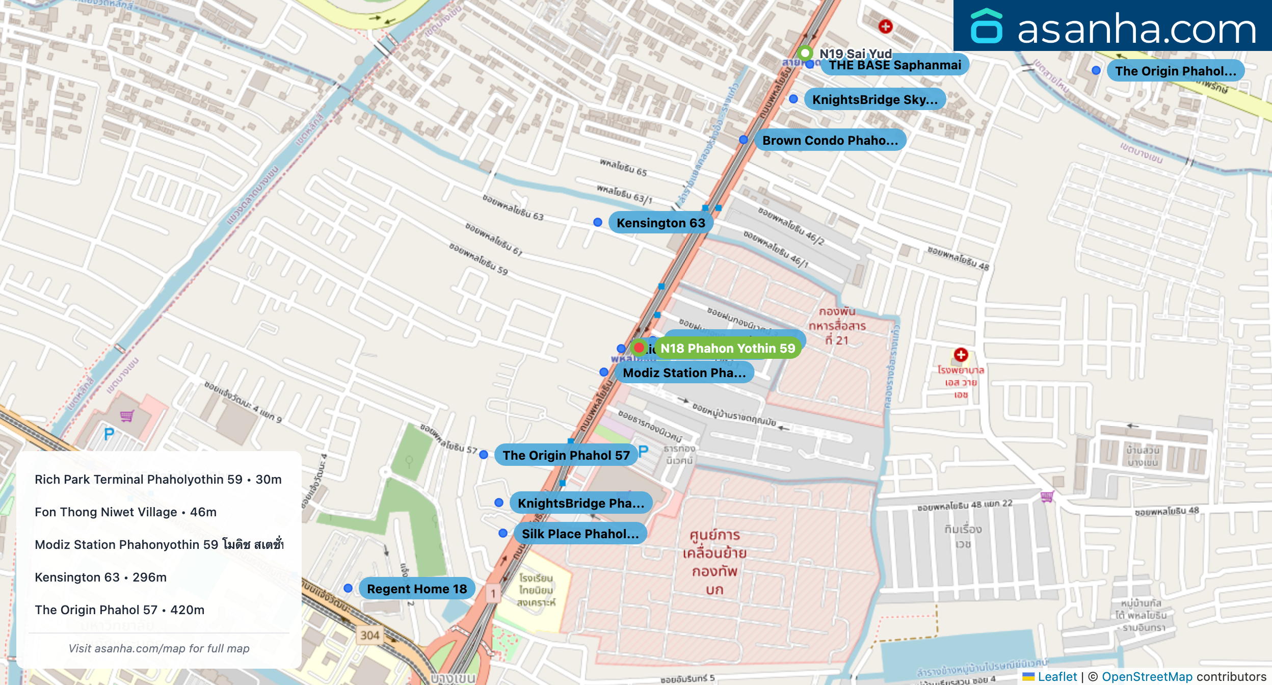 Map of condo projects near N18 Phahon Yothin 59 station. Nearest projects are Rich Park Terminal Phaholyothin 59 30 m, Fon Thong Niwet Village 46 m, Modiz Station Phahonyothin 59 โมดิช สเตชั่น พหลโยธิน 59 89 m, Kensington 63 296 m, The Origin Phahol 57 420 m. Visit asanha.com/map for the full map