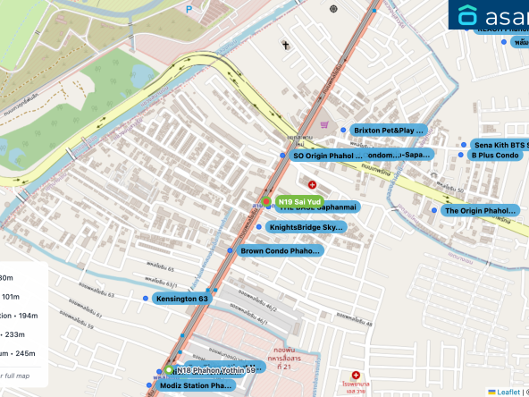 Map of condo projects near N19 Sai Yud station. Nearest projects are THE BASE Saphanmai 30 m, KnightsBridge Sky City 101 m, SO Origin Phahol 69 Station 194 m, Brown Condo Phahol 67 233 m, Tempo Quad Condominium 245 m. Visit asanha.com/map for the full map