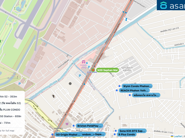 Map of condo projects near N20 Saphan Mai station. Nearest projects are Wynn Condo Phahon Yothin 52 353 m, REACH Phahon Yothin 52 (รีช พหลโยธิน 52) 357 m, พลัมคอนโด สะพานใหม่ สเตชั่น PLUM CONDO SAPHANMAI STATION 505 m, Brixton Pet&Play Phahol 50 Station 659 m, Sena Kith BTS Saphanmai 731 m. Visit asanha.com/map for the full map