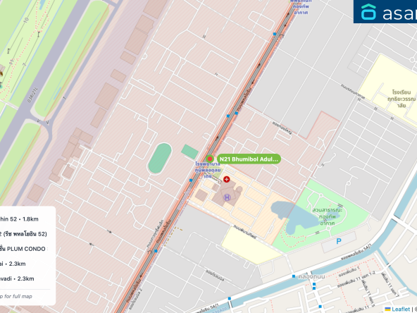 Map of condo projects near N21 Bhumibol Adulyadej Hospital station. Nearest projects are Wynn Condo Phahon Yothin 52 1.8 km, REACH Phahon Yothin 52 (รีช พหลโยธิน 52) 1.9 km, พลัมคอนโด สะพานใหม่ สเตชั่น PLUM CONDO SAPHANMAI STATION 1.9 km, Sena Kith BTS Saphanmai 2.3 km, Baan Klang Muang Vibhavadi 2.3 km. Visit asanha.com/map for the full map