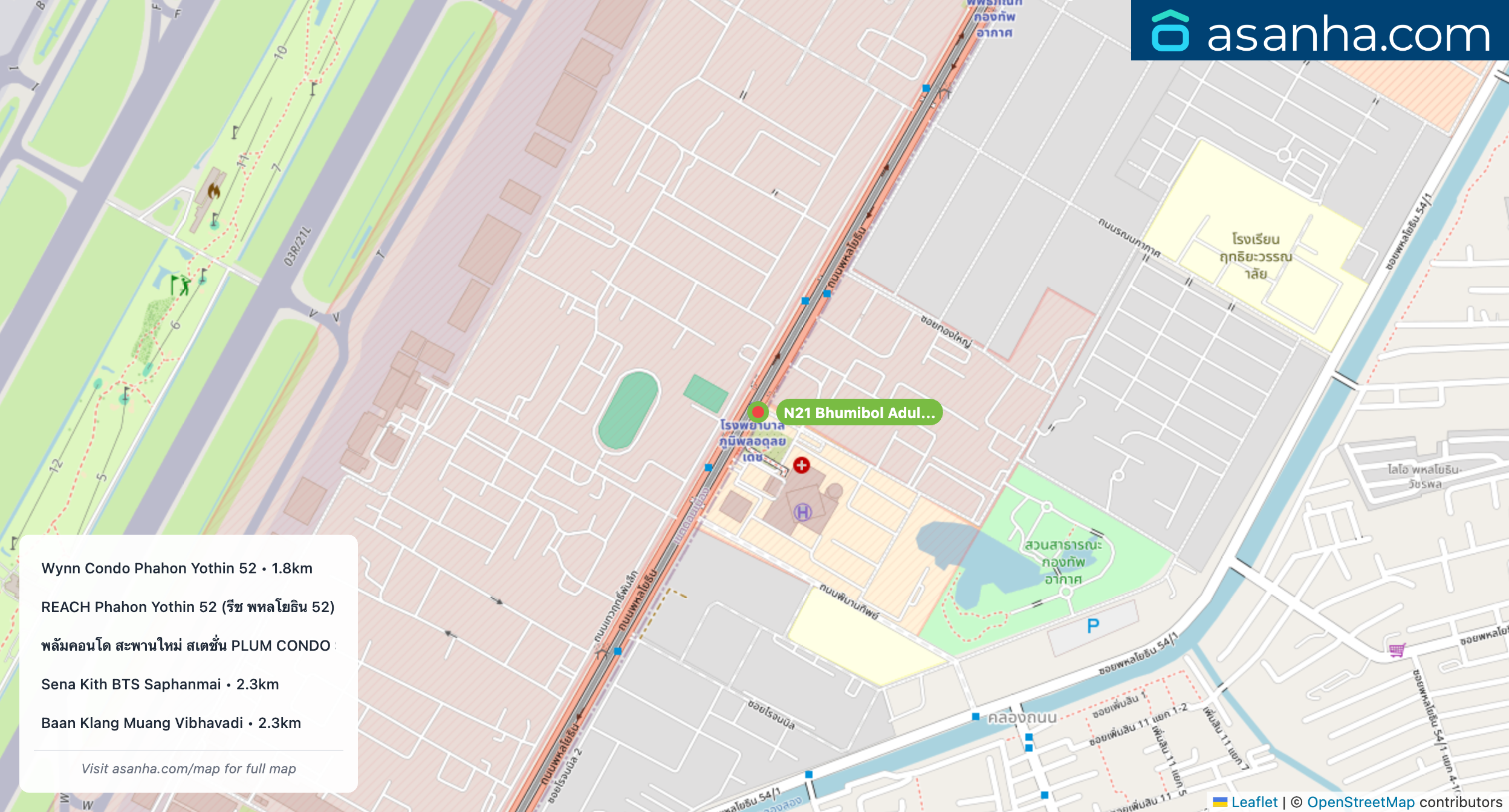 Map of condo projects near N21 Bhumibol Adulyadej Hospital station. Nearest projects are Wynn Condo Phahon Yothin 52 1.8 km, REACH Phahon Yothin 52 (รีช พหลโยธิน 52) 1.9 km, พลัมคอนโด สะพานใหม่ สเตชั่น PLUM CONDO SAPHANMAI STATION 1.9 km, Sena Kith BTS Saphanmai 2.3 km, Baan Klang Muang Vibhavadi 2.3 km. Visit asanha.com/map for the full map