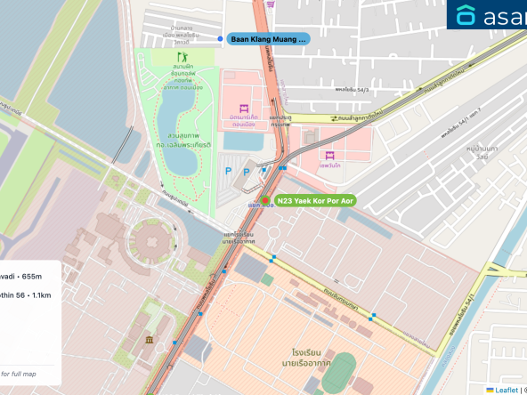 Map of condo projects near N23 Yaek Kor Por Aor station. Nearest projects are Baan Klang Muang Vibhavadi 655 m, The Cube Plus Phahonyothin 56 1.1 km, Home In Town 1.3 km, Rasa Grand Ville 1.4 km, Rasa Luxx Ville 1.6 km. Visit asanha.com/map for the full map