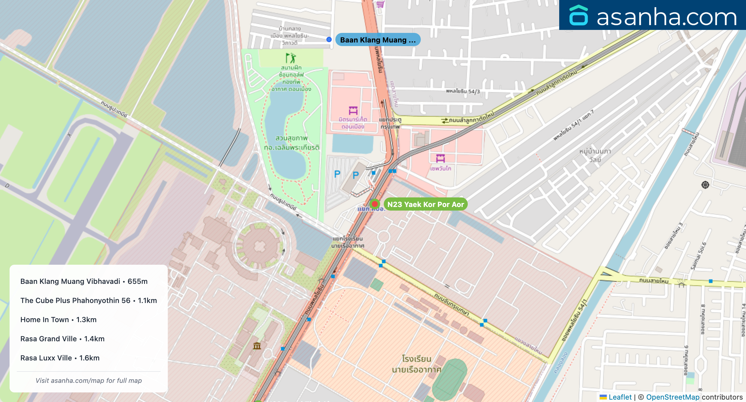 Map of condo projects near N23 Yaek Kor Por Aor station. Nearest projects are Baan Klang Muang Vibhavadi 655 m, The Cube Plus Phahonyothin 56 1.1 km, Home In Town 1.3 km, Rasa Grand Ville 1.4 km, Rasa Luxx Ville 1.6 km. Visit asanha.com/map for the full map