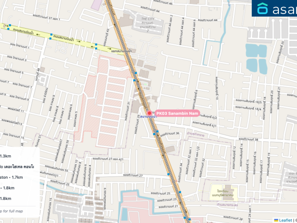 Map of condo projects near PK03 Sanambin Nam station. Nearest projects are Plum Condo Samakkhi 1.3 km, The Hotel Serviced Condo เดอะโฮเทล คอนโด 1.7 km, Aspire Rattanathibet Weston 1.7 km, The Hotel Condominium 1.8 km, Aspire Rattanathibet 2 1.8 km. Visit asanha.com/map for the full map