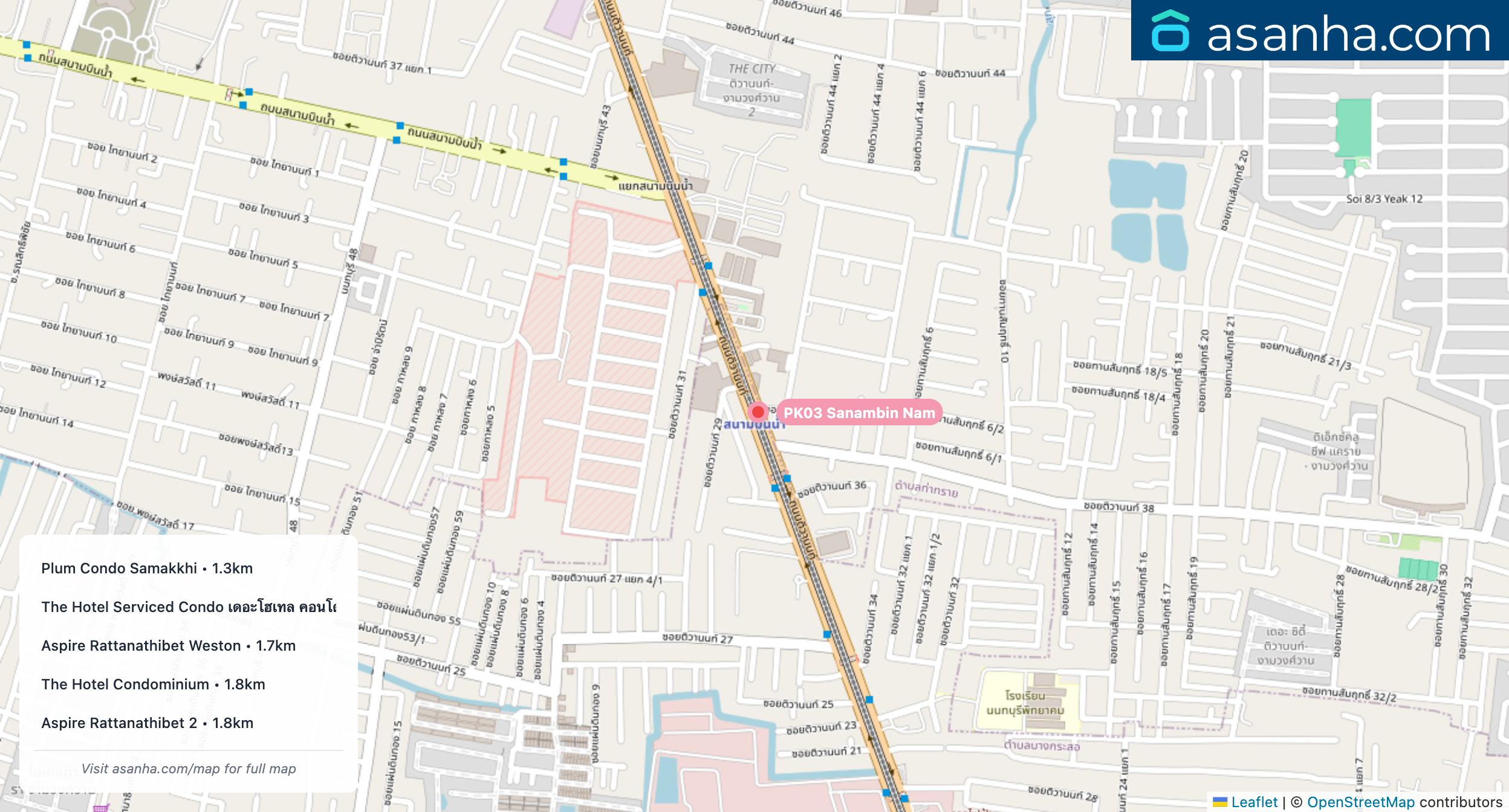 Map of condo projects near PK03 Sanambin Nam station. Nearest projects are Plum Condo Samakkhi 1.3 km, The Hotel Serviced Condo เดอะโฮเทล คอนโด 1.7 km, Aspire Rattanathibet Weston 1.7 km, The Hotel Condominium 1.8 km, Aspire Rattanathibet 2 1.8 km. Visit asanha.com/map for the full map