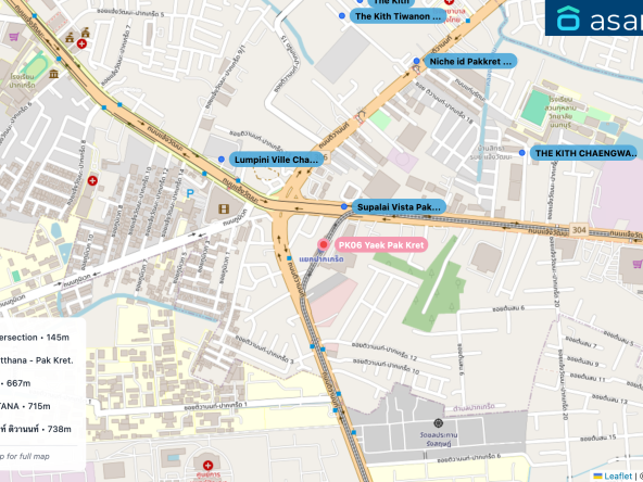 Map of condo projects near PK06 Yaek Pak Kret station. Nearest projects are Supalai Vista Pakkret Intersection 145 m, Lumpini Ville Chaeng Watthana - Pak Kret. 420 m, Niche id Pakkret Station 667 m, THE KITH CHAENGWATTANA 715 m, The Kith Tiwanon เดอะคิทท์ ติวานนท์ 738 m. Visit asanha.com/map for the full map