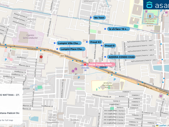 Map of condo projects near PK08 Chaeng Watthana - Pak Kret 28 station. Nearest projects are Astro 155 m, ADDERA CONDO CHAENG WATTANA 272 m, Proud X2 275 m, Proud III 312 m, Lumpini Place Chaengwattana-Pakkret Station 383 m. Visit asanha.com/map for the full map